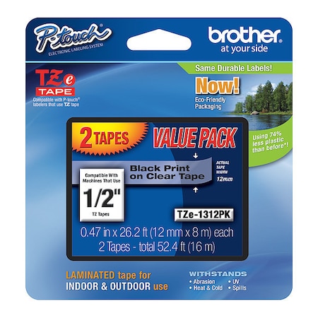 Brother Black On Clr Label Tape, 0.47"X26.2ft, PK2 TZE1312PKG