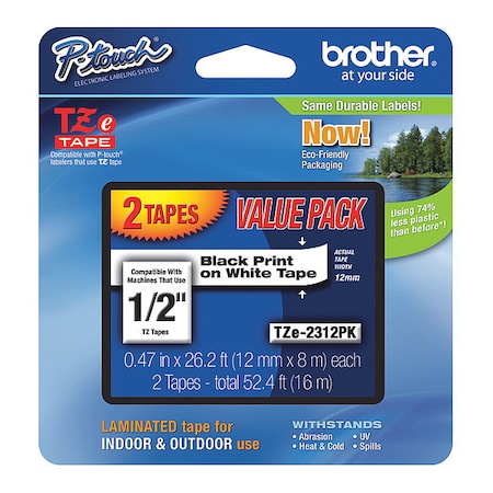 BROTHER Black On Wht Label Tape, 0.47"X26.2ft, PK2 TZE2312PK