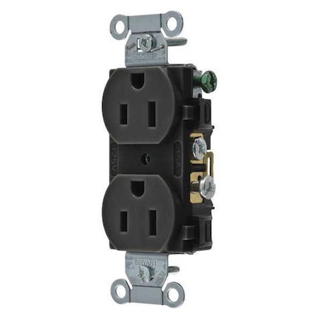 Bryant Straight Blade Receptacle, 5-15R, 15 A, 125V AC, 2 Pole, 3 Wire, Flush Mount, Grounded CRS15BLK