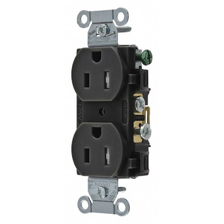 Bryant Straight Blade Receptacle, 5-15R, 15 A, 125V AC, 2 Pole, 3 Wire, Flush Mount, Grounded CRS15BLKTR
