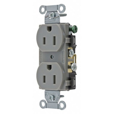 Bryant Straight Blade Receptacle, 5-15R, 15 A, 125V AC, 2 Pole, 3 Wire, Flush Mount, Grounded CRS15GRY
