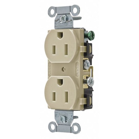 Bryant Straight Blade Receptacle, 5-15R, 15 A, 125V AC, 2 Pole, 3 Wire, Flush Mount, Grounded CRS15I