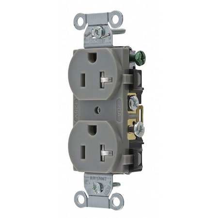 Bryant Straight Blade Receptacle, 5-20R, 20 A, 125V AC, 2 Pole, 3 Wire, Flush Mount, Grounded CRS20GRYTR