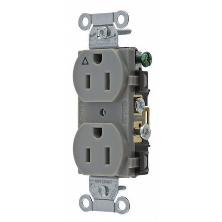 Bryant Straight Blade Receptacle, 5-15R, 15 A, 125V AC, 2 Pole, 3 Wire, Flush Mount, Isolated Ground CR15IGRY