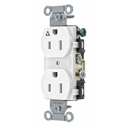 Bryant Straight Blade Receptacle, 5-15R, 15 A, 125V AC, 2 Pole, 3 Wire, Flush Mount, Isolated Ground CR15IGW