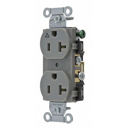Bryant Straight Blade Receptacle, 5-20R, 20 A, 125V AC, 2 Pole, 3 Wire, Flush Mount, Isolated Ground CR20IGRY