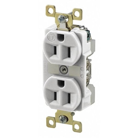 Bryant Straight Blade Receptacle, 5-15R, 15 A, 125V AC, 2 Pole, 3 Wire, Flush Mount, Grounded BRY5262W