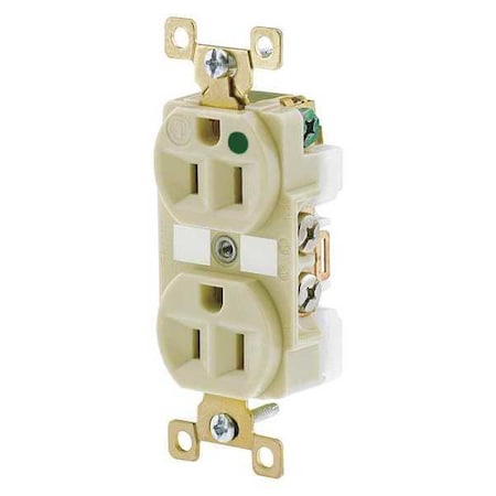 Bryant Straight Blade Receptacle, 5-15R, 15 A, 125V AC, 2 Pole, 3 Wire, Flush Mount, Grounded BRY8200IL