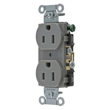 Bryant Straight Blade Receptacle, 5-15R, 15 A, 125V AC, 2 Pole, 3 Wire, Flush Mount, Grounded CBRS15GRY