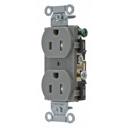 Bryant Straight Blade Receptacle, 5-15R, 15 A, 125V AC, 2 Pole, 3 Wire, Flush Mount, Grounded CBRS15GRYTR