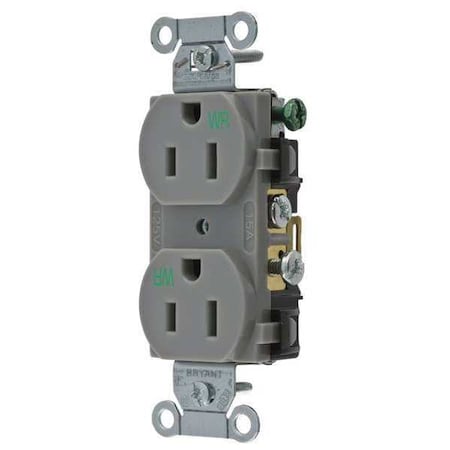 Bryant Straight Blade Receptacle, 5-15R, 15 A, 125V AC, 2 Pole, 3 Wire, Flush Mount, Grounded CBRS15GRYWR