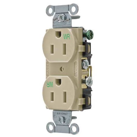 Bryant Straight Blade Receptacle, 5-15R, 15 A, 125V AC, 2 Pole, 3 Wire, Flush Mount, Grounded CBRS15IWR