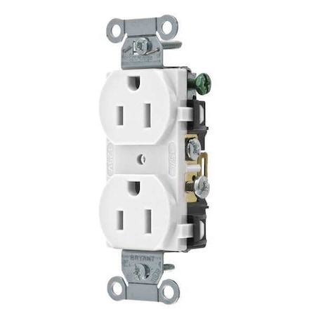 Bryant Straight Blade Receptacle, 5-15R, 15 A, 125V AC, 2 Pole, 3 Wire, Flush Mount, Grounded BRYCBR15W