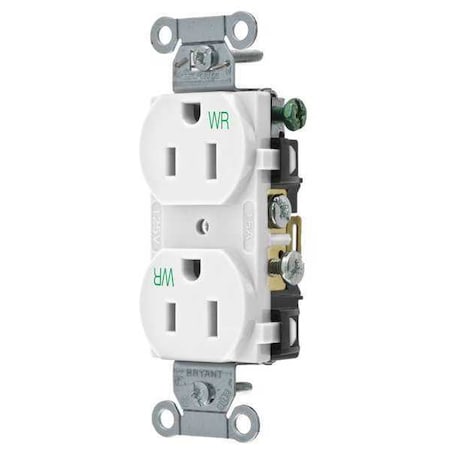 Bryant Straight Blade Receptacle, 5-15R, 15 A, 125V AC, 2 Pole, 3 Wire, Flush Mount, Grounded CBRS15WWR