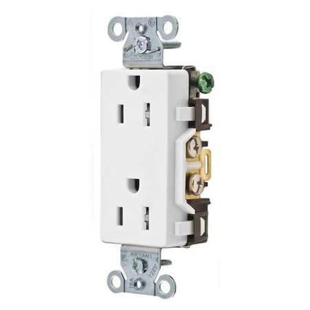 Bryant Straight Blade Receptacle, 5-15R, 15 A, 125V AC, 2 Pole, 3 Wire, Flush Mount, Grounded DRS15WTR