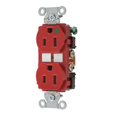 Bryant Straight Blade Receptacle, 5-15R, 15 A, 125V AC, 2 Pole, 3 Wire, Flush Mount, Grounded 8200RED