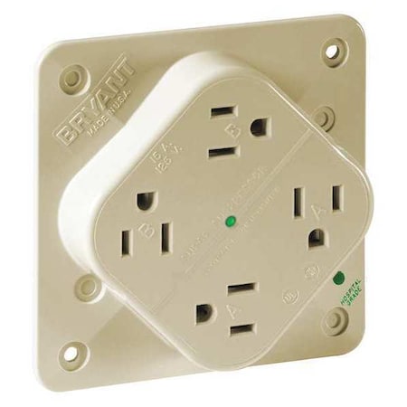 Bryant Straight Blade Receptacle, 5-15R, 15 A, 125V AC, 2 Pole, 3 Wire, Flush Mount, Isolated Ground 1254HSIA