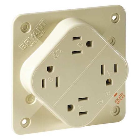 Bryant Straight Blade Receptacle, 5-15R, 15 A, 125V AC, 2 Pole, 3 Wire, Flush Mount, Isolated Ground 1254SIA