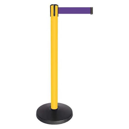 Queueway Barrier Post with Belt, Yellow, 10 ft Length, 40 in Post Height, No Legend, Powder Coated QPLUS-35-P5