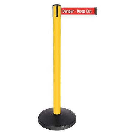 Queueway Barrier Post with Belt, Yellow, 10 ft Length, 40 in Post Height, Danger Keep Out, Powder Coated QPLUS-35-RH