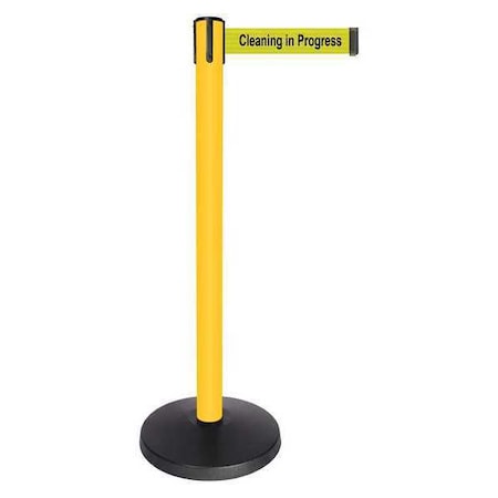 Queueway Barrier Post with Belt, Yellow, 10 ft Length, 40 in Post Height, Cleaning in Progress QPLUS-35-YC