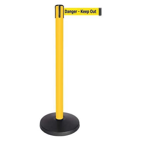 Queueway Barrier Post with Belt, Yellow, 10 ft Length, 40 in Post Height, Danger Keep Out, Powder Coated QPLUS-35-YD