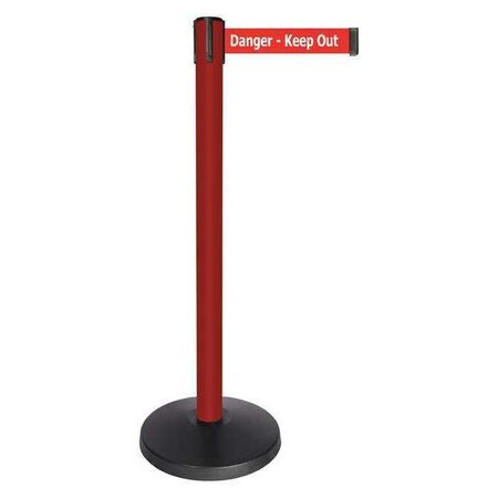 Queueway Barrier Post with Belt, Red, 10 ft Length, 40 in Post Height, Danger Keep Out, Powder Coated QPLUS-21-RH