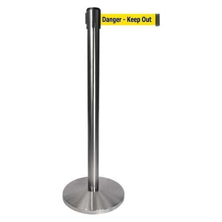 Queueway Barrier Post with Belt, Gray, 10 ft Length, 40 in Post Height, Danger Keep Out, Satin Chrome QPLUS-1S-YD