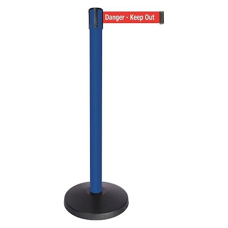 Queueway Barrier Post with Belt, Blue, 10 ft Length, 40 in Post Height, Danger Keep Out, Powder Coated QPLUS-23-RH