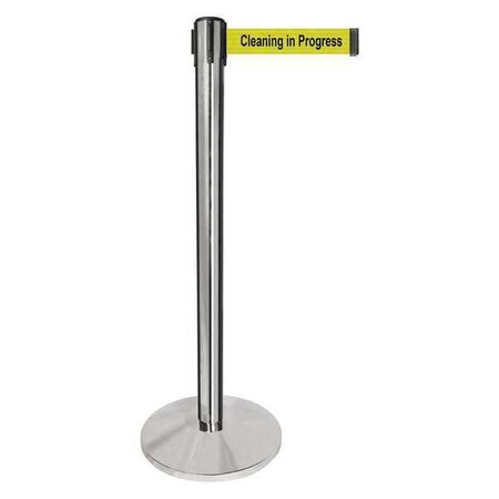 Queueway Barrier Post with Belt, Silver, 10 ft Length, 40 in Post Height, Cleaning in Progress QPLUS-1P-YC
