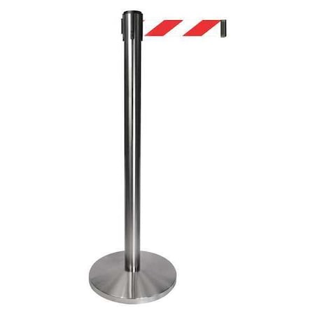 Queueway Barrier Post with Belt, Gray, 10 ft Length, 40 in Post Height, No Legend, Satin Chrome QPLUS-1S-D3