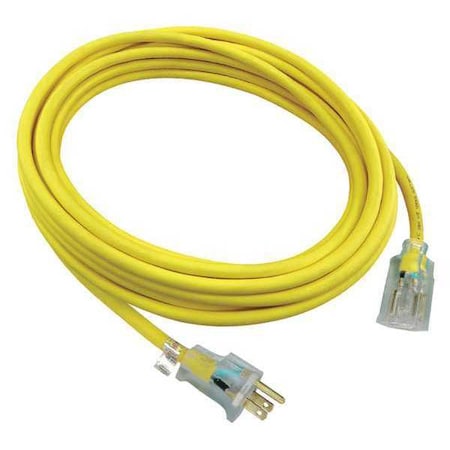 Zoro Select SJTW Outdoor Extension Cord, 12 AWG 1 Outlet, 5-15R, Yellow, PVC, 5-15P, 25ft 52NY26