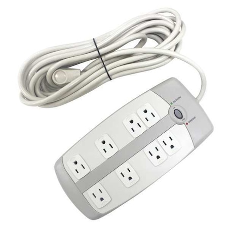 Zoro Select Outlet Strip, Surge, 8 5-15R, 5-15P, 25 ft., White 52NY53