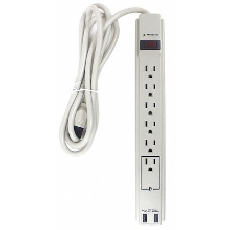 Zoro Select Outlet Strip, Surge, USB, 6 5-15R, 5-15P, 6 ft., White 52NY54