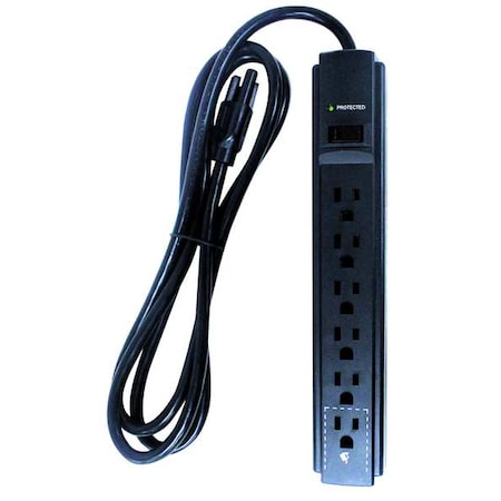 Zoro Select Outlet Strip, Surge, 6 5-15R, 5-15P, 6 ft., Black 52NY56