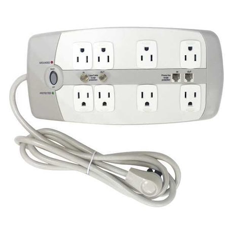 Zoro Select Outlet Strip, Surge, 8 5-15R, 5-15P, 6 ft, White 52NY59