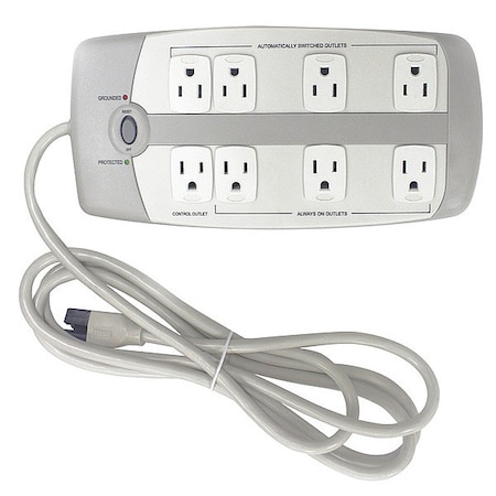 Zoro Select Outlet Strip, Surge, 8 5-15R, 5-15P, 6 ft., Gray 52NY64