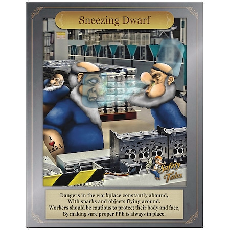 Mancomm Safety Poster, Sneezing Dwarf - PPE, Paper, 16 in W, 12 in H 31P-205-02