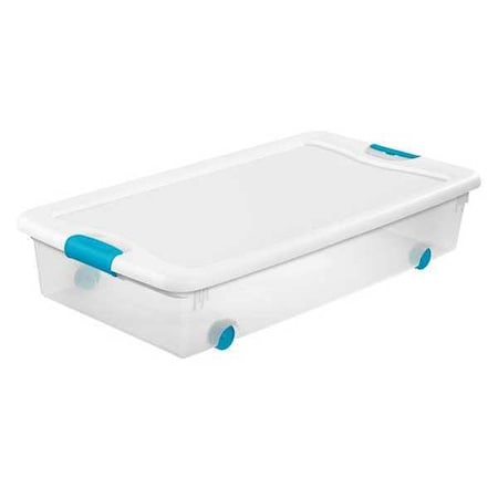 Sterilite Stackable Storage Tote W/ Lid, 14 gal, 33-7/8 in L x 18-3/4 in W x 7 in H, Clear, White 14988004