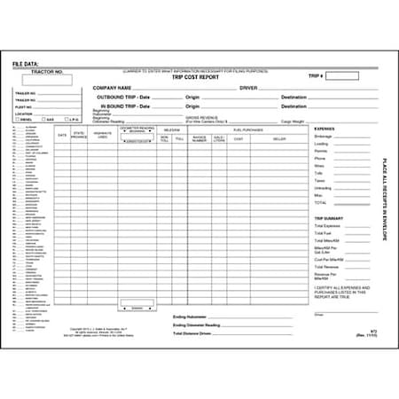Jj Keller Trip Cost Report Envelope 972