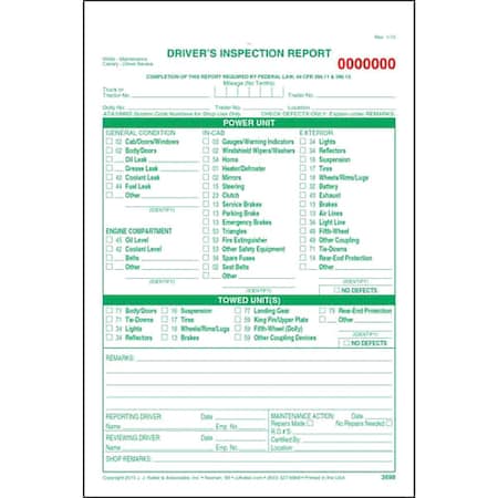 Jj Keller Detailed Vehicle Inspection Report, PK250 3698