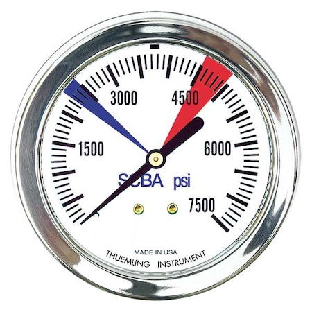 Thuemling Panel-Mount Pressure Gauge, 0 to 7,500 psi, 2 1/2 in Dial, 1/4 in NPT, Center Back Location LFP-SCBA-7500-color zone