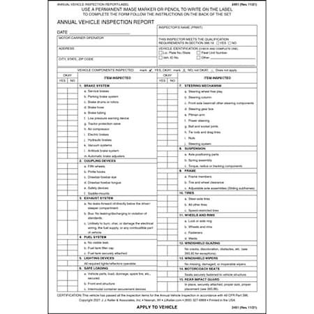 Jj Keller Vehicle Inspection Report/Label, PK10 2451