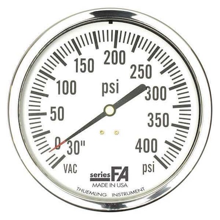 Thuemling Panel-Mount Pressure Gauge, 0 to 600 psi, 4 1/2 in Dial, 1/4 in NPT, Center Back Location FA-LFP-410-CG-WOB