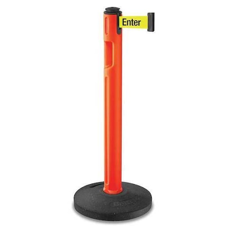 Lavi Industries Barrier Post with Belt, Orange, 12 ft Length, 38 1/4 in Post Height, Caution - Please Do Not Enter 80-5000R/OR/FY/S6