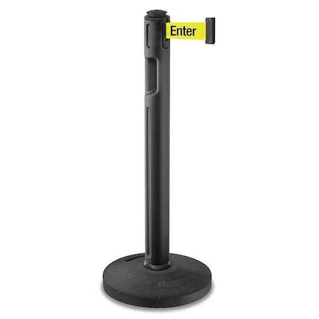 Lavi Industries Barrier Post with Belt, Black, 12 ft Length, 38 1/4 in Post Height, Caution - Please Do Not Enter 80-5000R/BK/FY/S6