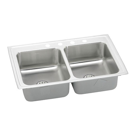 Elkay Lustertone, Equal 2 Bowl T-Mnt Sink, Drain, Drop-In Mount, 3 Hole, Lustrous Satin LRADQ291865PD3