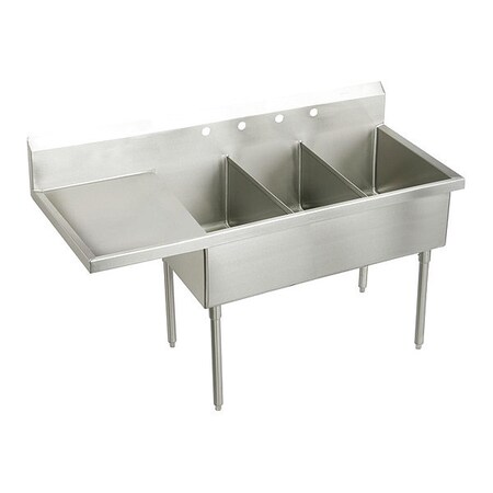 Elkay Strdblt, SS, Floor Mnt, 3 Compt Sink, Drnbrd, Floor Mount, 3 Hole, Buffed Satin SS8354LOF3