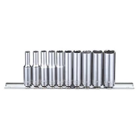 Westward 1/4" Drive Socket Set, SAE, 5/32 to 1/2 in, 6-Point, Chrome, 10 Pieces 53PN26