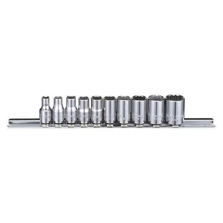 Westward 1/4" Drive Socket Set, SAE, 5/32 to 1/2 in, Chrome, 12-Point, 10 Pieces 53PN27